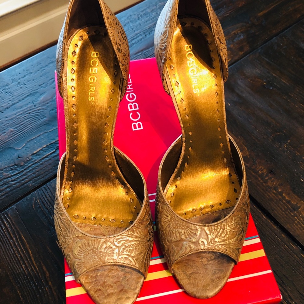 BCBGirls Lyma Washed Tooled Peep Toe Heel